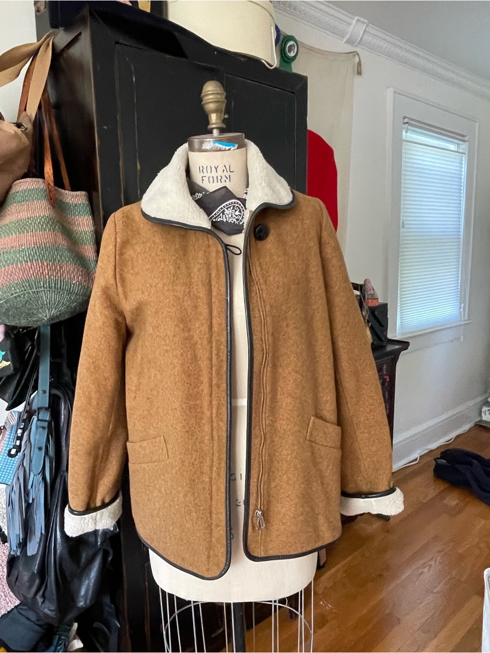 Sessun Wool Sherpa Coat, leather trim, size medium